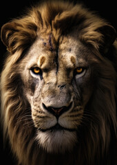 Animal photography of a wild lion in a dark backdrop conceptual for frame