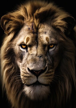 Animal photography of a wild lion in a dark backdrop conceptual for frame