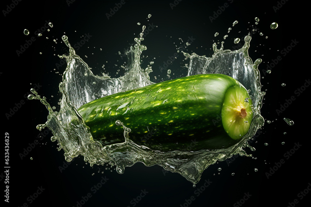 Poster an vibrant photograph of a cucumber splashed in bright paint, symbolizing freshness and health. gene