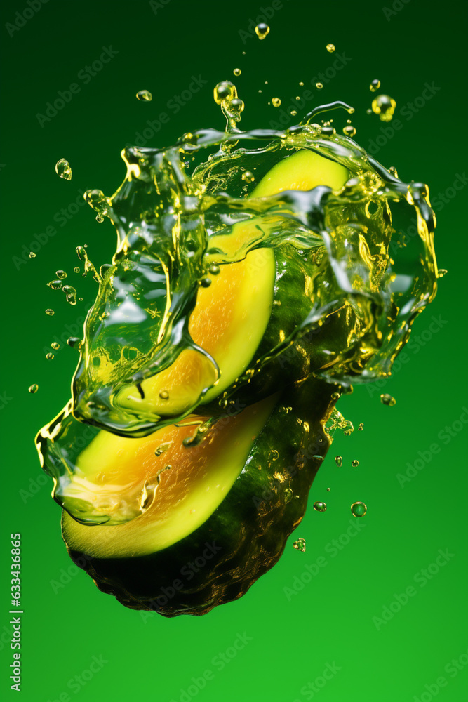 Poster an abstract surreal photograph of a cucumber splashed in bright paint, symbolizing freshness and hea