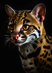 Animal portrait of a wild ocelot on a black background conceptual for frame