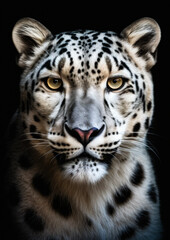 Fototapeta na wymiar Animal portrait of a wild snow leopard on a black background conceptual for frame