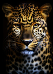 Fototapeta na wymiar Animal portrait of an african leopard on a dark background conceptual for frame