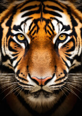Naklejka premium Animal portrait of a wild tiger on a black background conceptual for frame