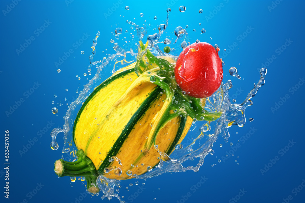 Poster an vibrant photograph of a zucchini splashed in bright paint, symbolizing freshness and health. gene
