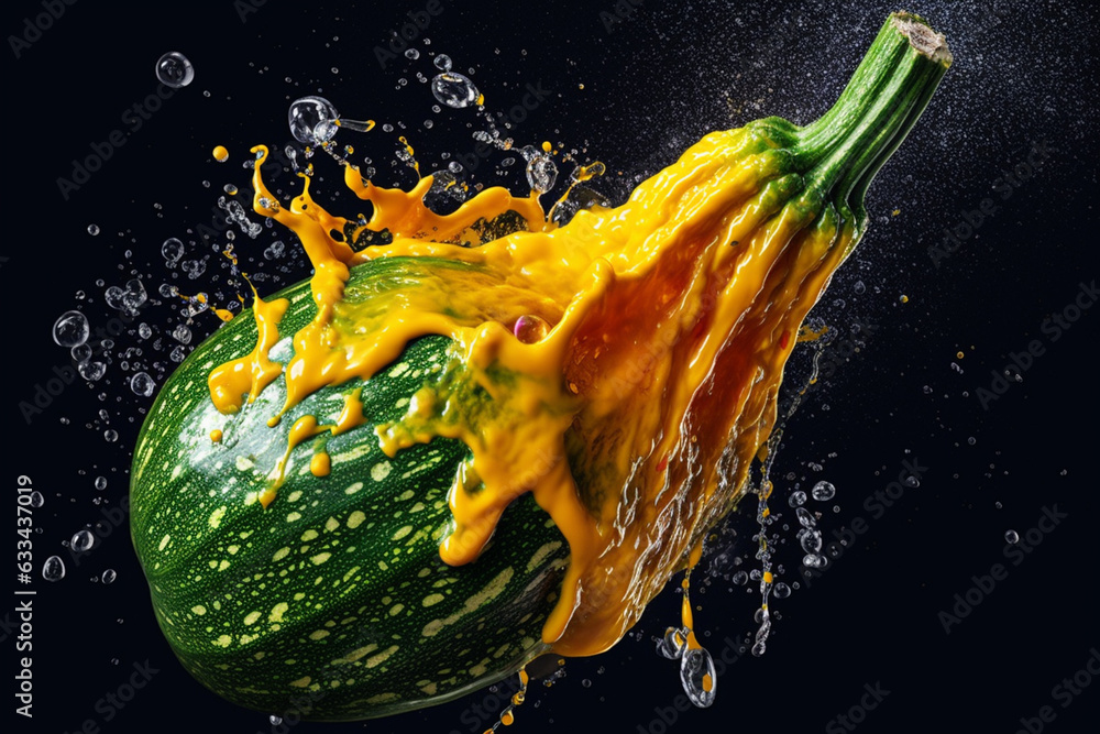 Poster an vibrant photograph of a zucchini splashed in bright paint, symbolizing freshness and health. gene