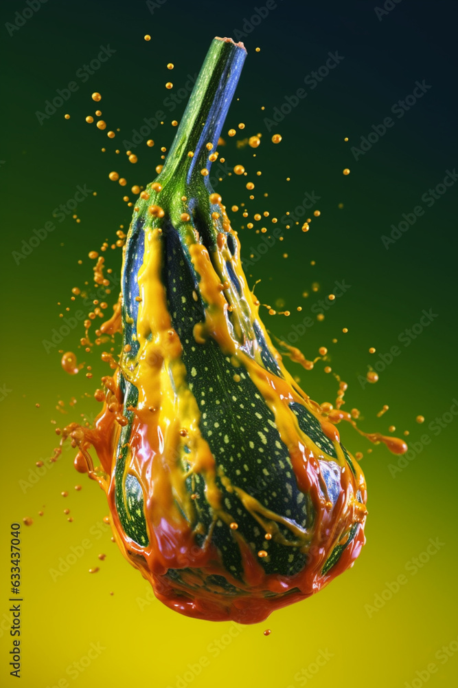 Aufkleber  An abstract surreal photograph of a Zucchini splashed in bright paint, symbolizing freshness and health.  Generative AI technology.