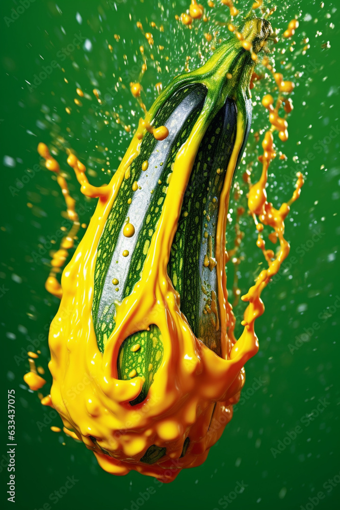 Aufkleber an abstract surreal photograph of a zucchini splashed in bright paint, symbolizing freshness and hea
