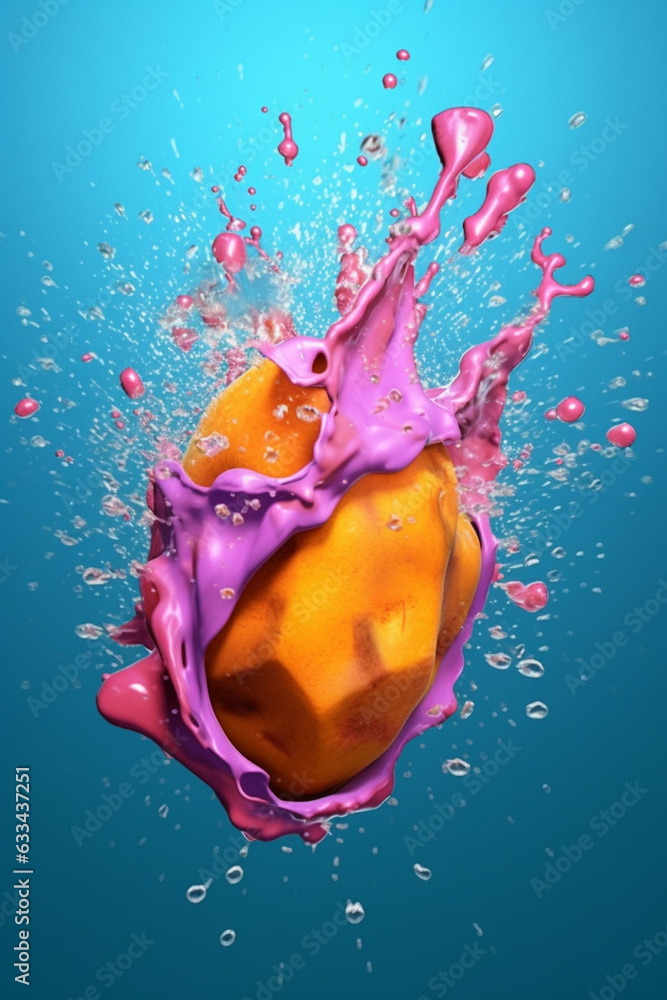 Poster an abstract surreal photograph of a sweet potato splashed in bright paint, symbolizing freshness and