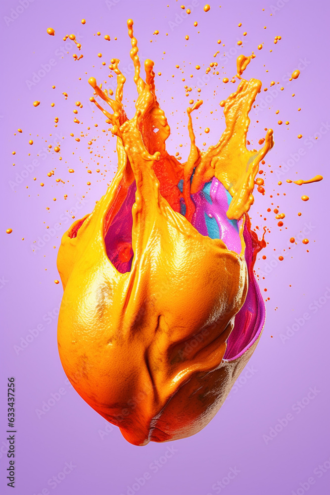 Poster an abstract surreal photograph of a sweet potato splashed in bright paint, symbolizing freshness and
