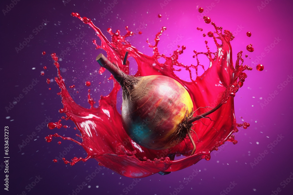 Poster an vibrant photograph of a beetroot splashed in bright paint, symbolizing freshness and health. gene