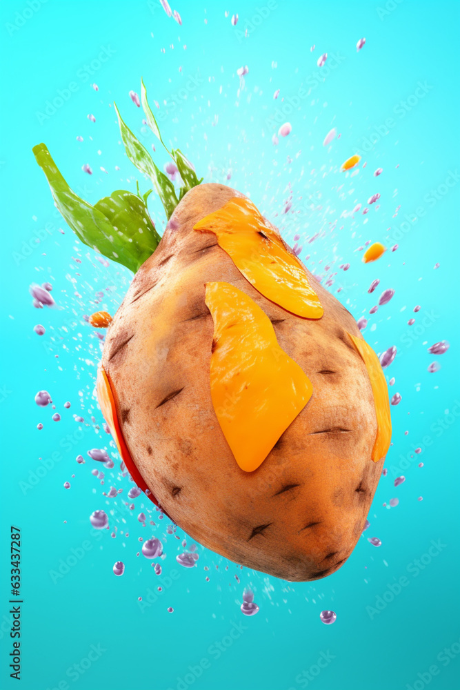 Poster an abstract surreal photograph of a sweet potato splashed in bright paint, symbolizing freshness and