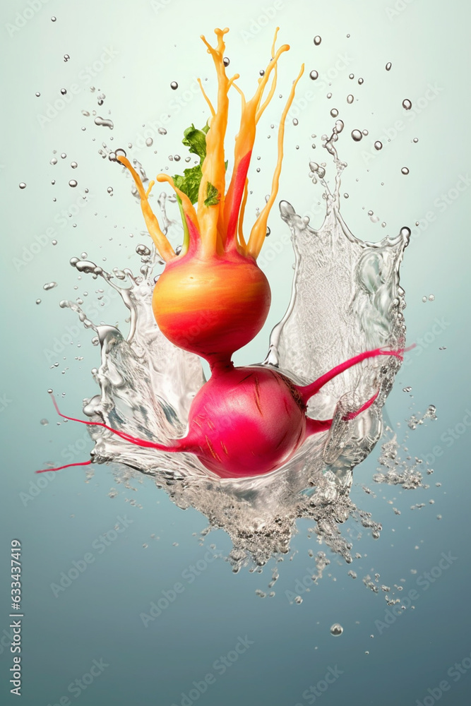 Poster an abstract surreal photograph of a radish splashed in bright paint, symbolizing freshness and healt
