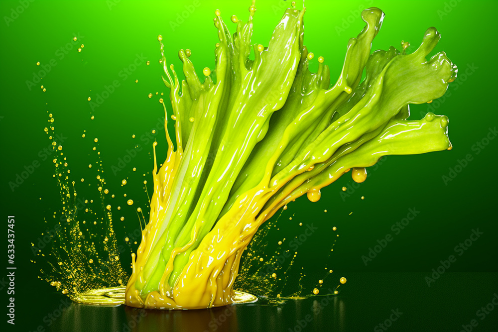 Poster an vibrant photograph of a celery splashed in bright paint, symbolizing freshness and health. genera