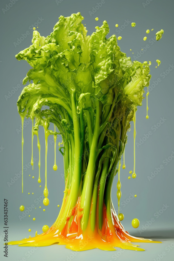 Aufkleber  An abstract surreal photograph of a Celery splashed in bright paint, symbolizing freshness and health.  Generative AI technology.