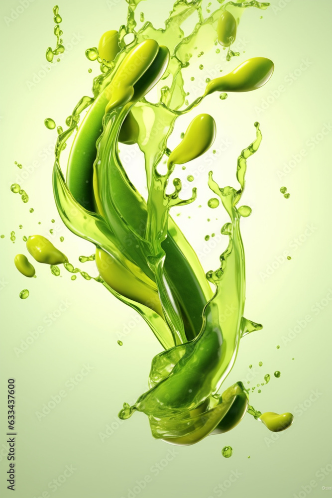 Poster an abstract surreal photograph of a green beans splashed in bright paint, symbolizing freshness and 