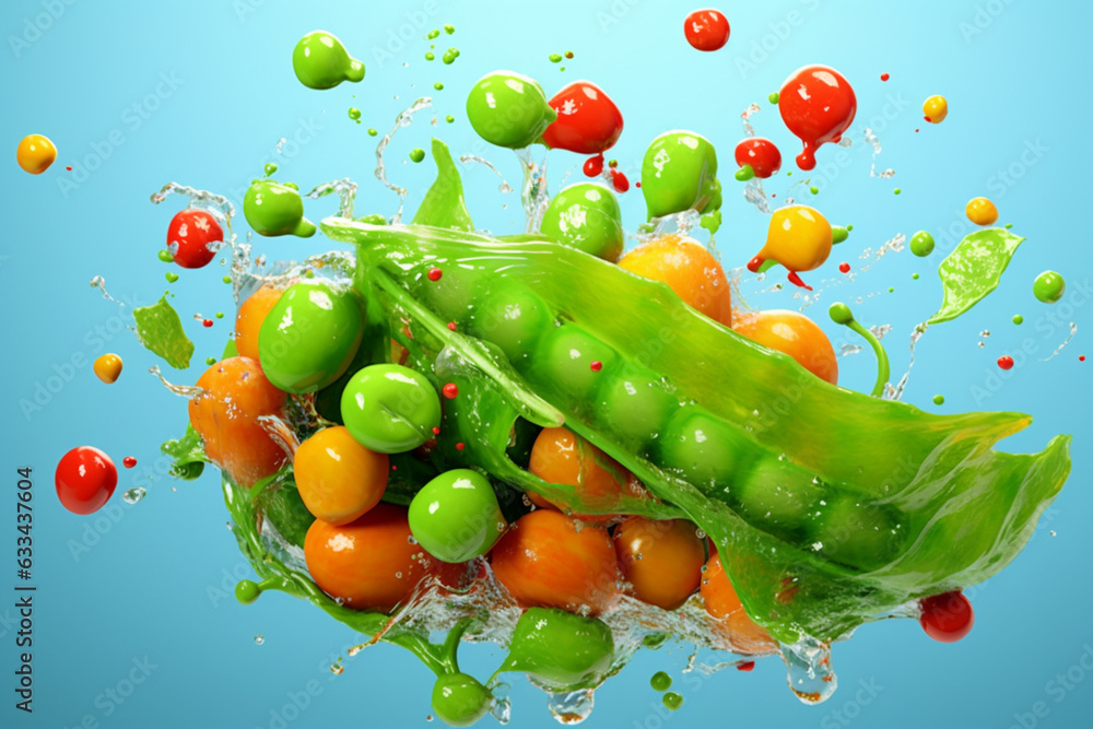 Poster An vibrant photograph of a Peas splashed in bright paint, symbolizing freshness and health.   Generative AI technology.