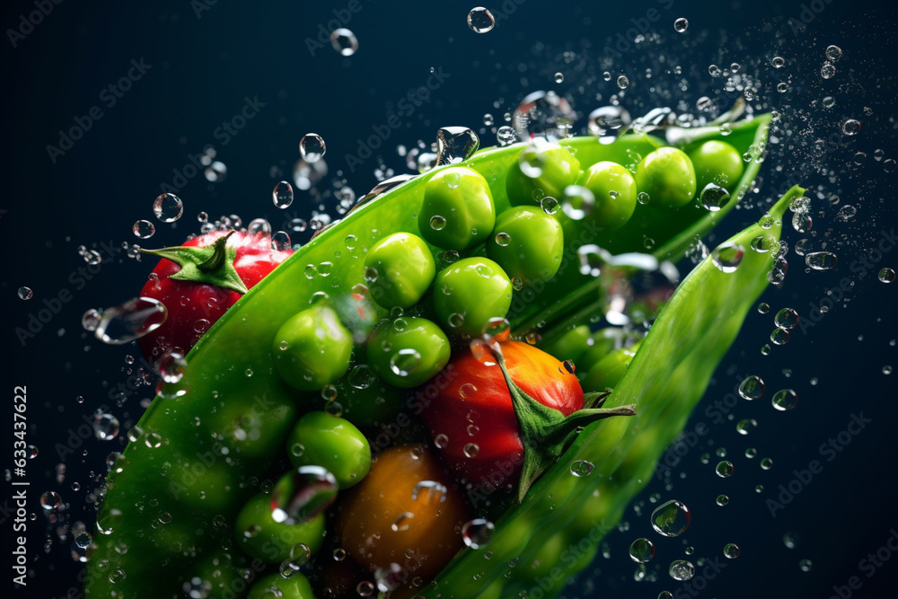 Poster an vibrant photograph of a peas splashed in bright paint, symbolizing freshness and health. generati