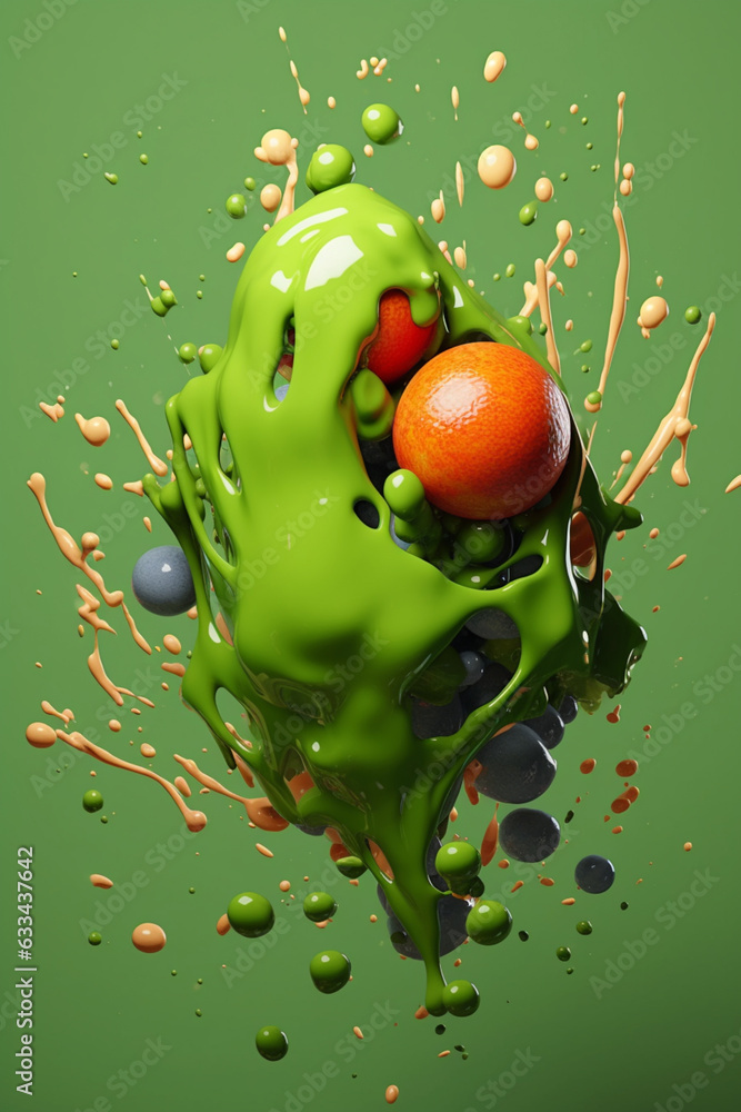Poster an abstract surreal photograph of a peas splashed in bright paint, symbolizing freshness and health.