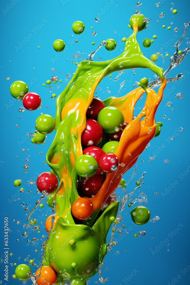 Poster an abstract surreal photograph of a peas splashed in bright paint, symbolizing freshness and health.