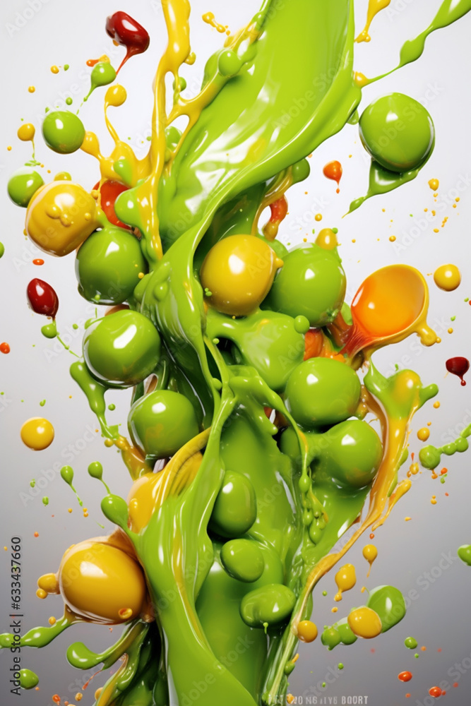 Poster an abstract surreal photograph of a peas splashed in bright paint, symbolizing freshness and health.
