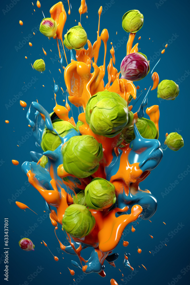 Poster an abstract surreal photograph of a brussels sprouts splashed in bright paint, symbolizing freshness