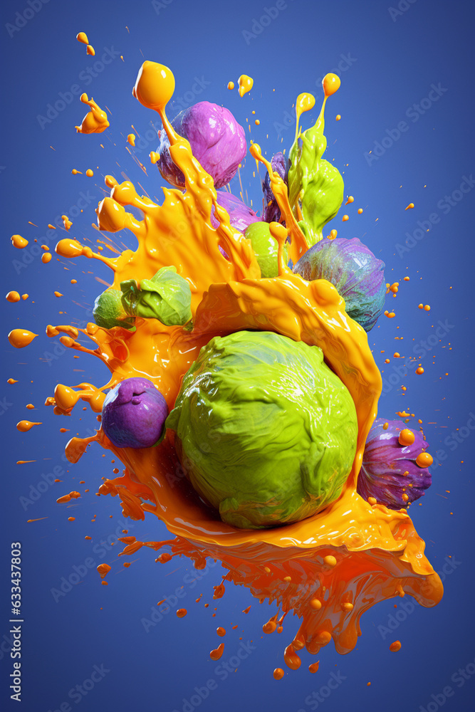 Aufkleber an abstract surreal photograph of a brussels sprouts splashed in bright paint, symbolizing freshness