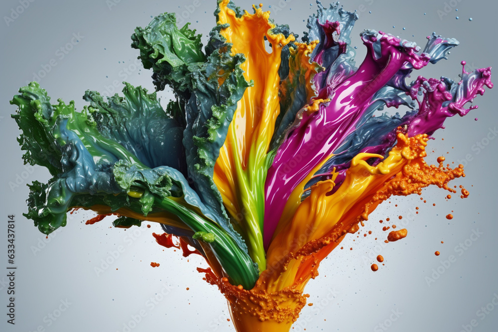 Poster an vibrant photograph of a kale splashed in bright paint, symbolizing freshness and health. generati