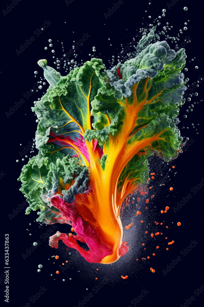 Aufkleber An abstract surreal photograph of a Kale splashed in bright paint, symbolizing freshness and health.  Generative AI technology.
