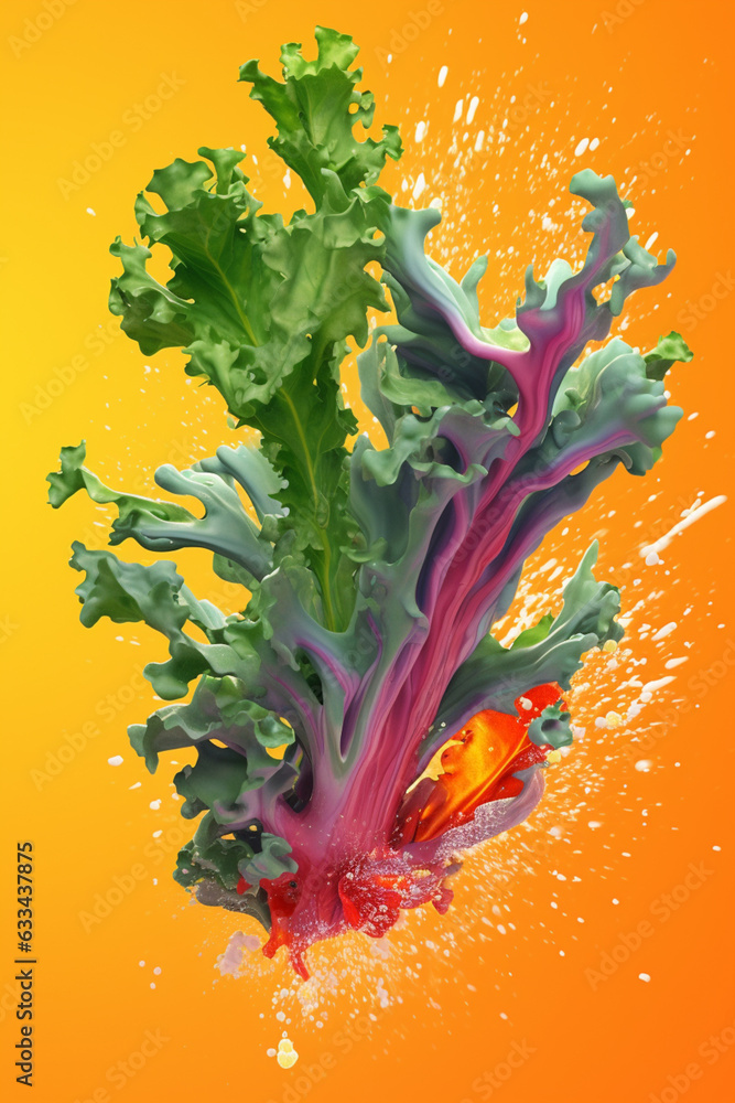 Poster an abstract surreal photograph of a kale splashed in bright paint, symbolizing freshness and health.
