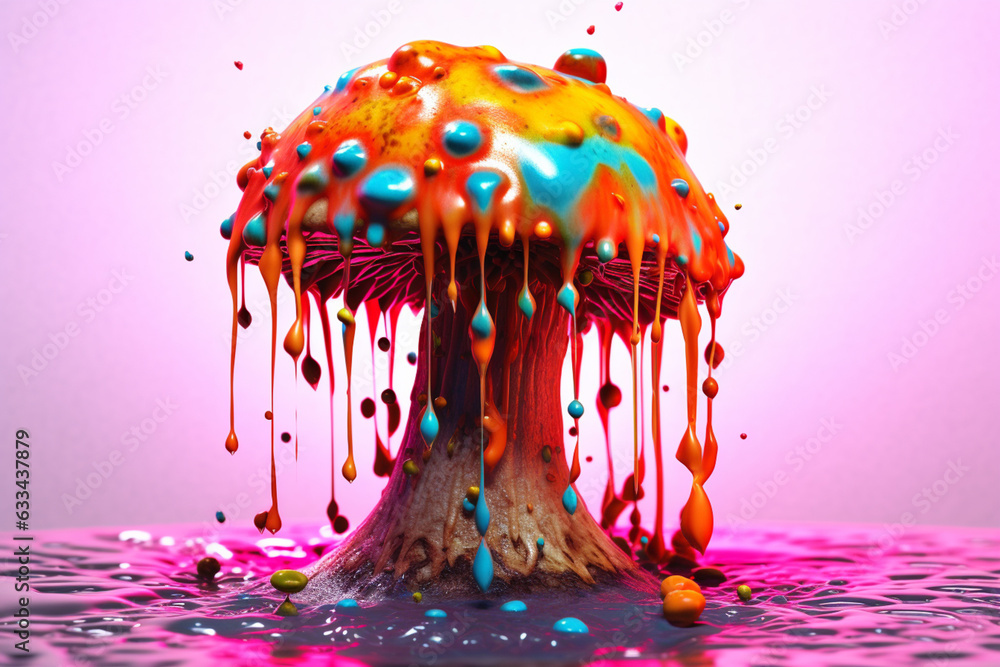 Aufkleber an vibrant photograph of a mushroom splashed in bright paint, symbolizing freshness and health. gene