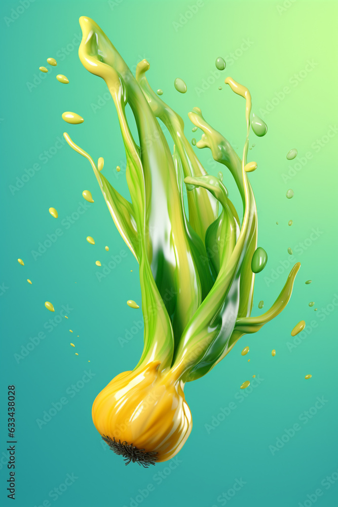 Poster An abstract surreal photograph of a Leek splashed in bright paint, symbolizing freshness and health.  Generative AI technology.