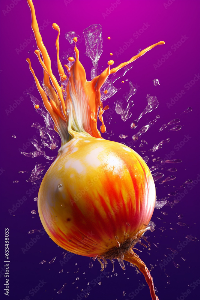 Poster an abstract surreal photograph of a turnip splashed in bright paint, symbolizing freshness and healt