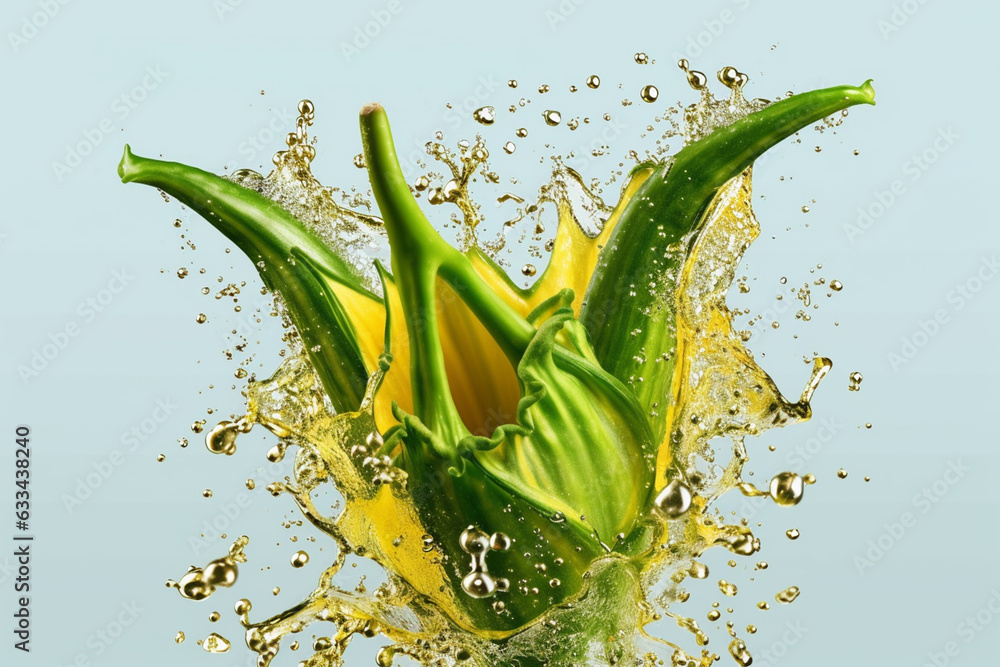 Poster an vibrant photograph of a okra splashed in bright paint, symbolizing freshness and health. generati