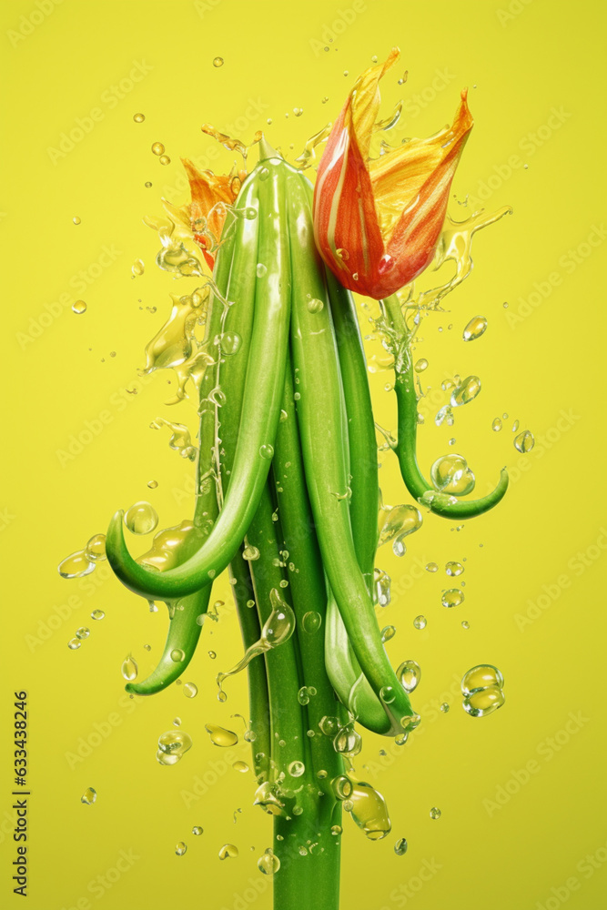 Poster An abstract surreal photograph of a Okra splashed in bright paint, symbolizing freshness and health. Generative AI technology.