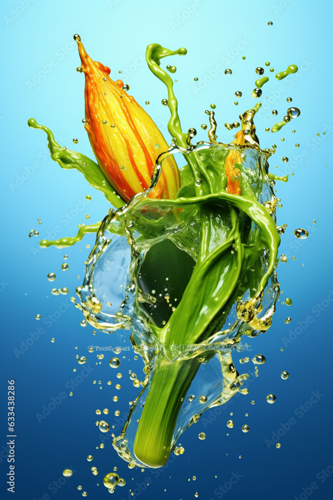 Aufkleber an abstract surreal photograph of a okra splashed in bright paint, symbolizing freshness and health.