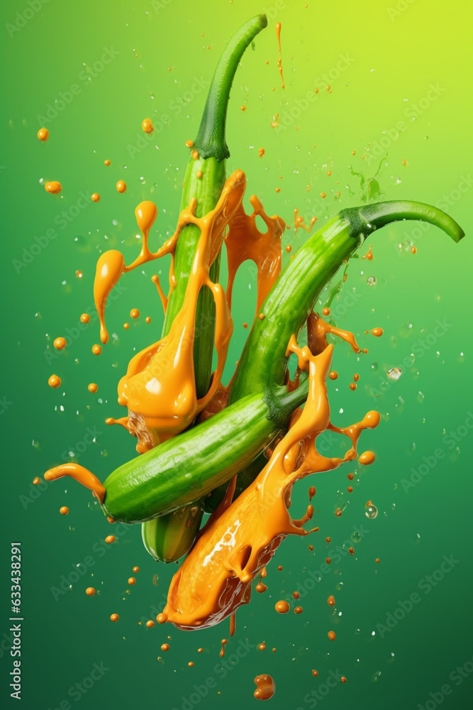 Poster an abstract surreal photograph of a okra splashed in bright paint, symbolizing freshness and health.
