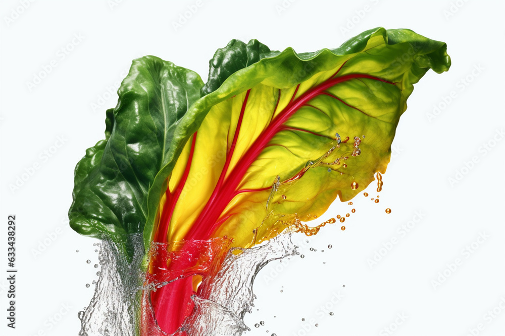 Poster an vibrant photograph of a swiss chard splashed in bright paint, symbolizing freshness and health. g