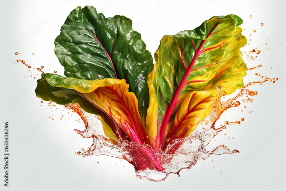 Poster an vibrant photograph of a swiss chard splashed in bright paint, symbolizing freshness and health. g