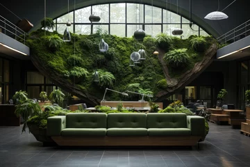 Foto op Plexiglas  Home office with many green plants and relax green sofa © nnattalli