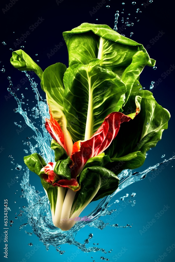 Poster an abstract surreal photograph of a bok choy splashed in bright paint, symbolizing freshness and hea