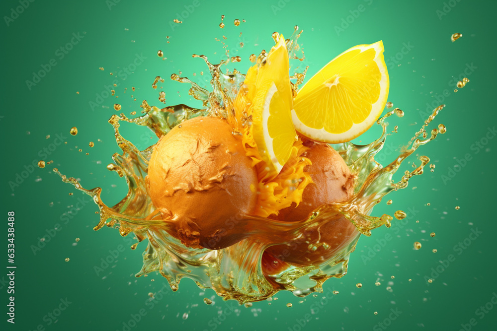 Poster an vibrant photograph of a ginger splashed in bright paint, symbolizing freshness and health. genera