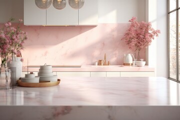 A white marble kitchen tabletop is featured in a beautiful pastel pink kitchen room. The tabletop is rendered in , creating a perfect space to display your product. The background is blurred - Powered by Adobe