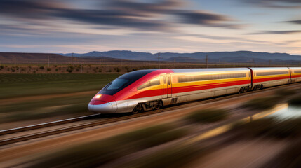 Obraz premium High speed train in motion on the railway. Modern intercity passenger train with motion blur effect. High speed train is popular and efficient mode of transportation in Spain