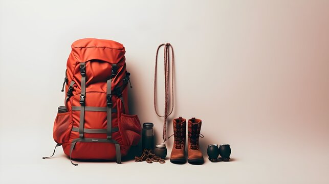 minimalist adventure hiking or camping gear, showcase, white studio background