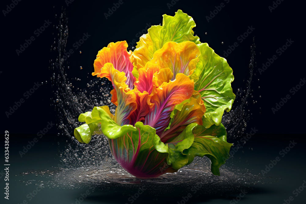 Poster an vibrant photograph of a lettuce splashed in bright paint, symbolizing freshness and health. gener