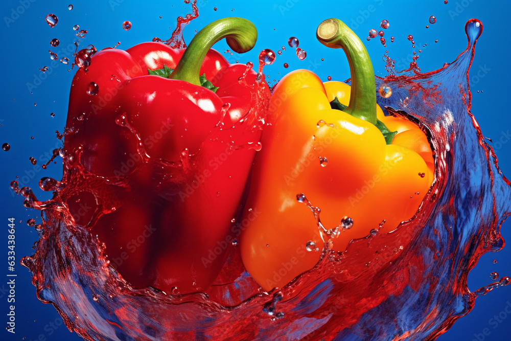 Poster an vibrant photograph of a peppers splashed in bright paint, symbolizing freshness and health. gener