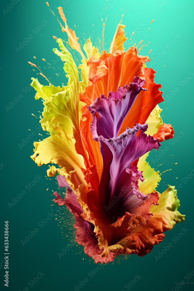Poster An abstract surreal photograph of a Lettuce splashed in bright paint, symbolizing freshness and health. Generative AI technology.
