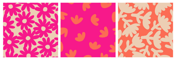 Set of hand drawn flowers, seamless patterns with floral for fabric, textiles, clothing, wrapping paper, cover, banner, interior decor, abstract backgrounds.