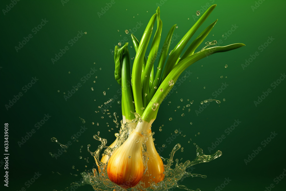 Poster an vibrant photograph of a scallion splashed in bright paint, symbolizing freshness and health. gene